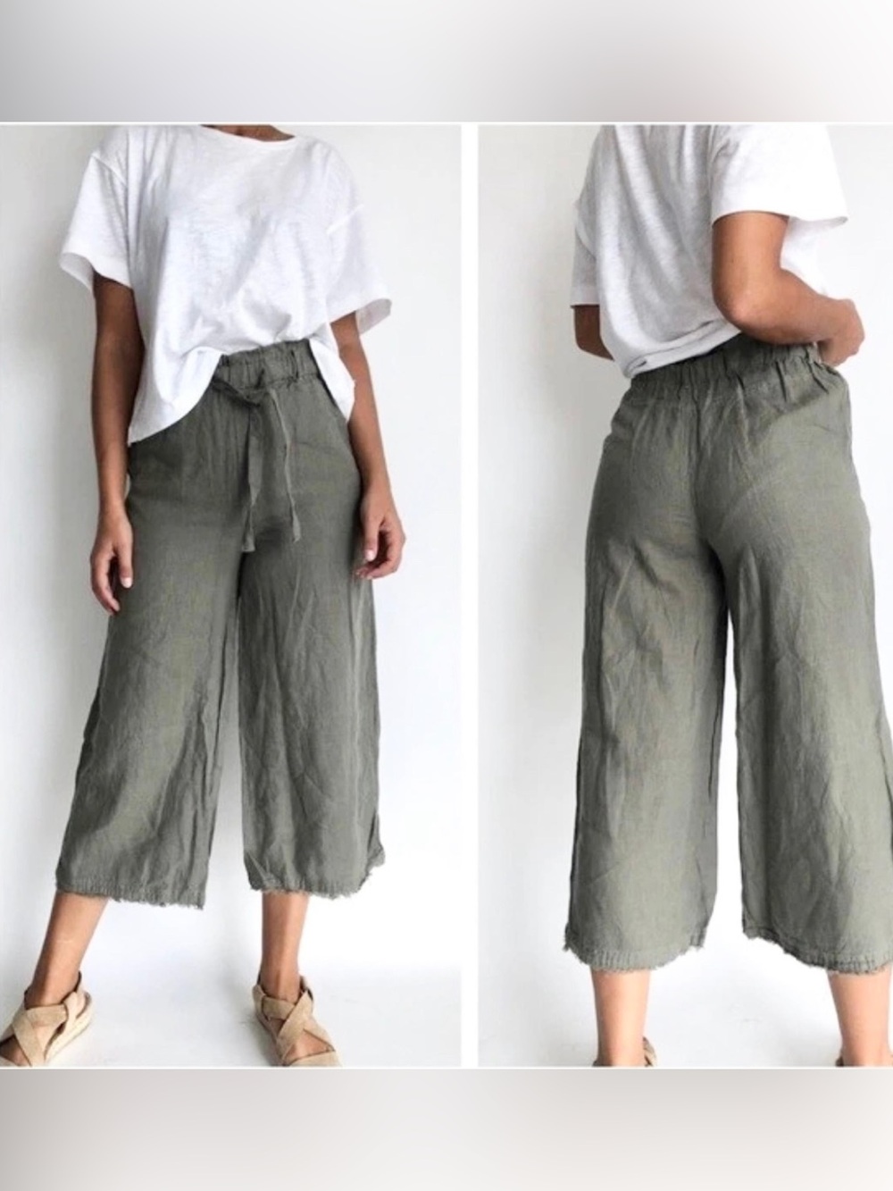 Cloth & Stone 100% Linen Wide Leg Cropped Pants Sage Gray Raw Hem Size S